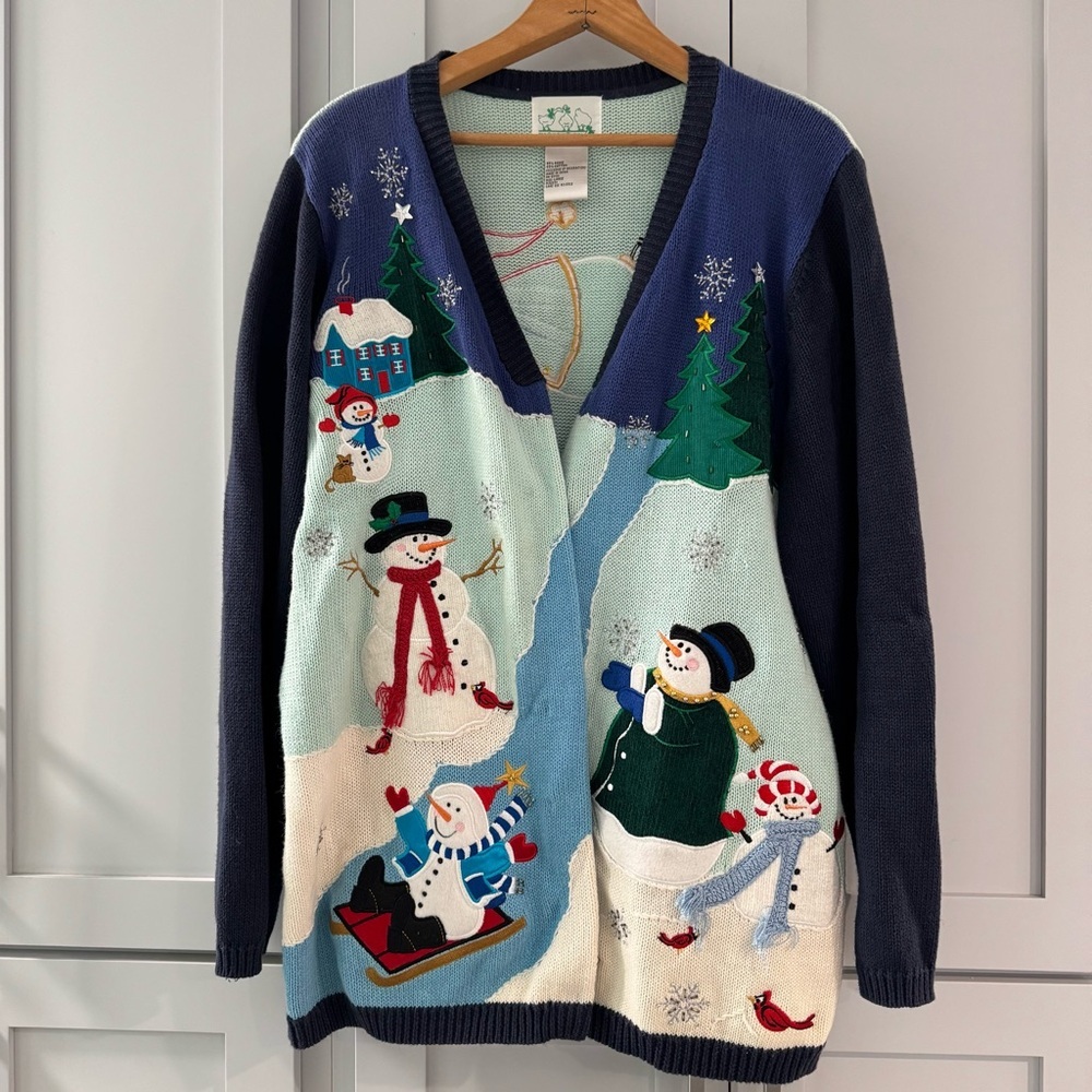 Quacker Factory Snowman Winter Cardigan Sweater Appliqué Beads Colorful Large